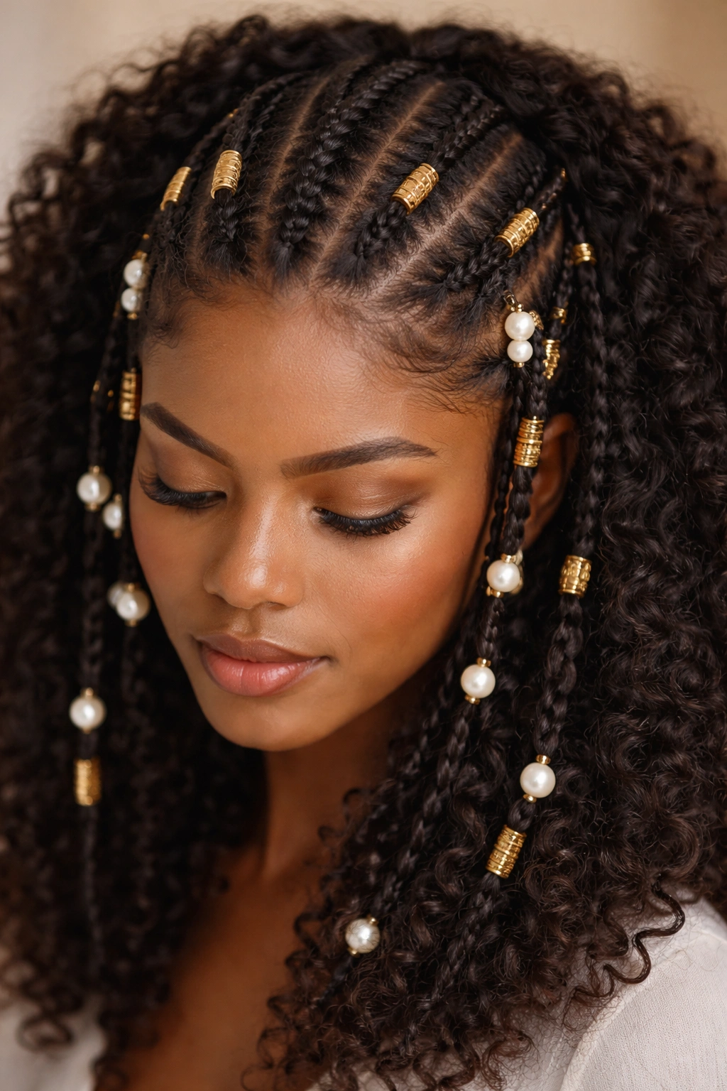 Close-up of curly Fulani braids with gold and pearl cuffs along the braids.