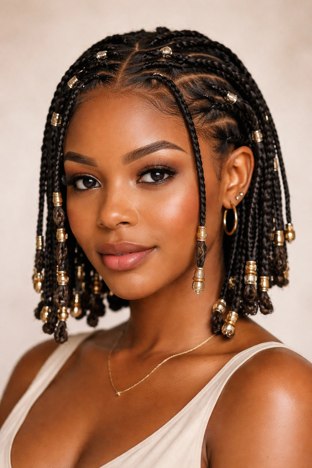 Close-up of short Fulani braids with metal cuffs and rings on a neutral backdrop.