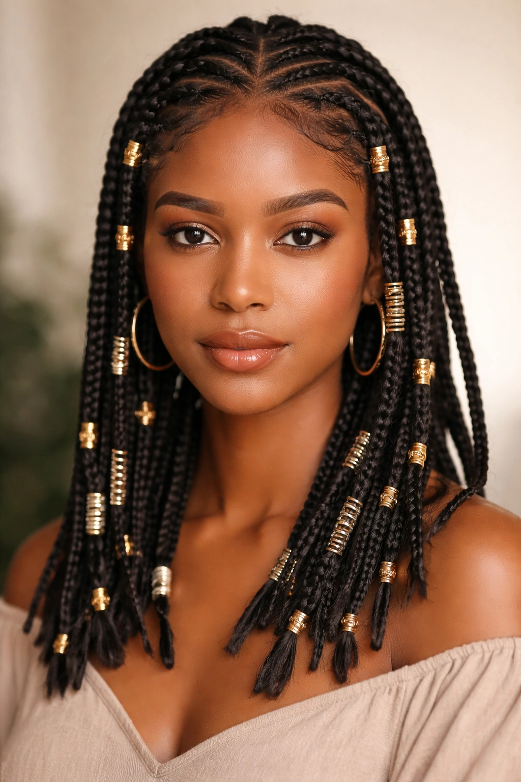 Close-up of Fulani braids with decorative cuffs and wraps on medium-length hair