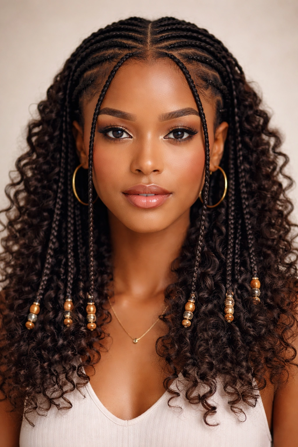 Center-parted Fulani braids on curly hair with beaded ends