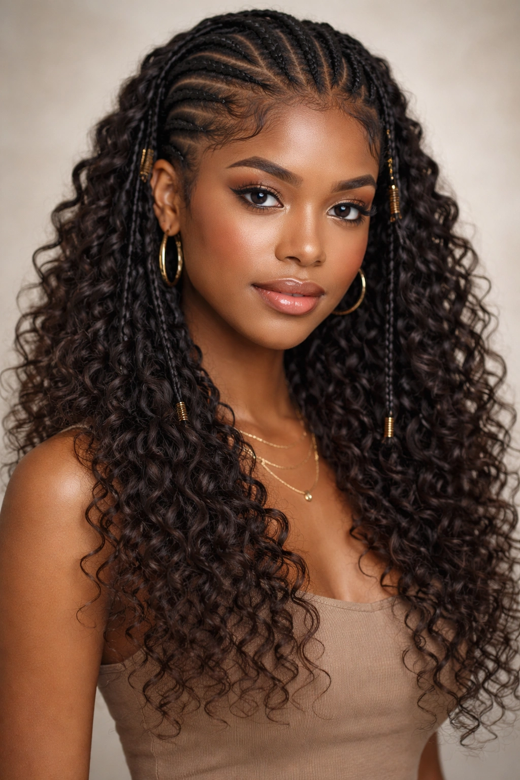 Fulani braids blending into curly extensions on curly hair