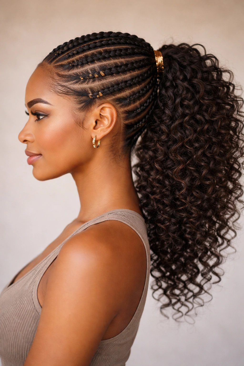 Close-up of side-swept Fulani braids with curly ponytail in studio lighting
