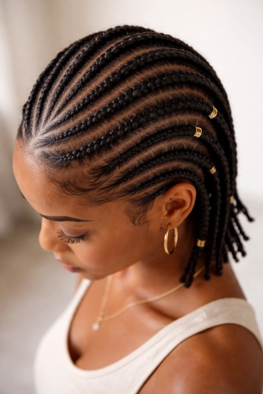 A top-down view showing curved Fulani braids moving diagonally toward the back on short hair