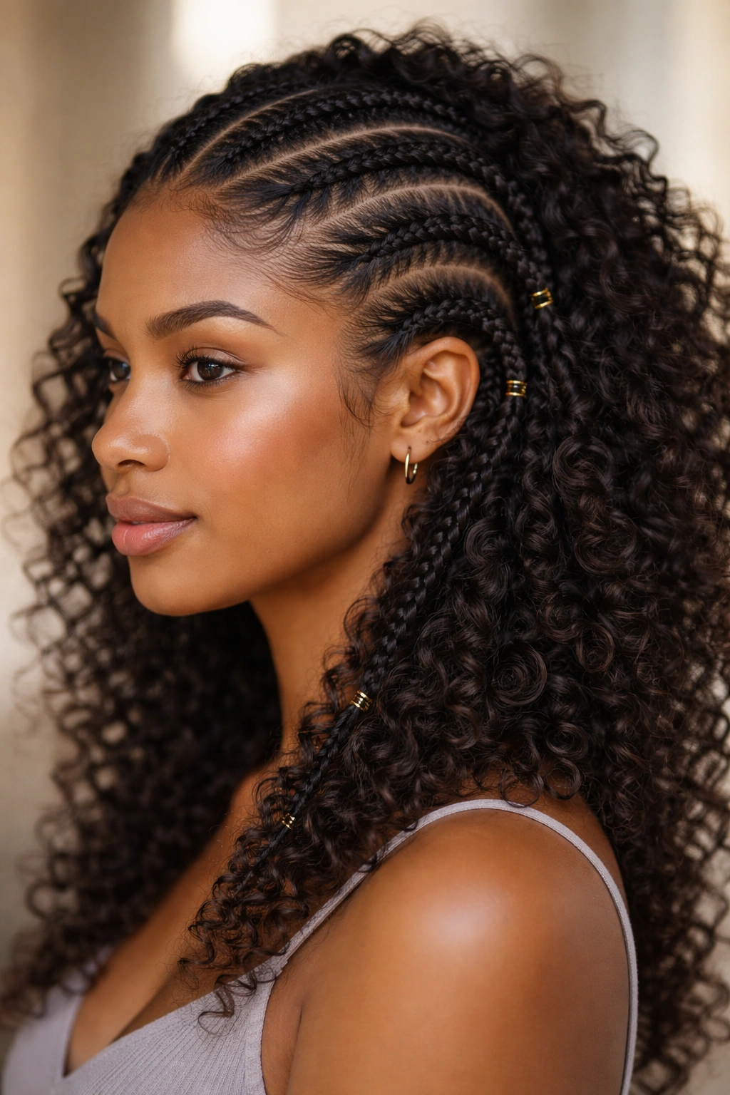 Curved Fulani braids framing the face on curly hair