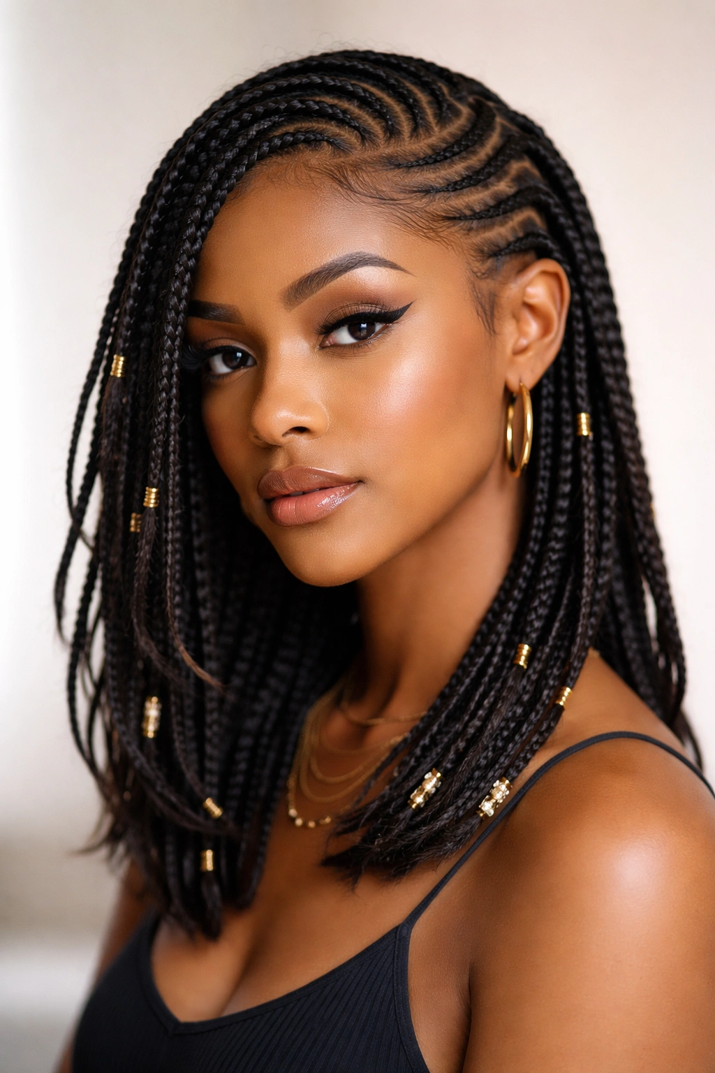 Side-swept Fulani braids with curved parting on medium-length hair.