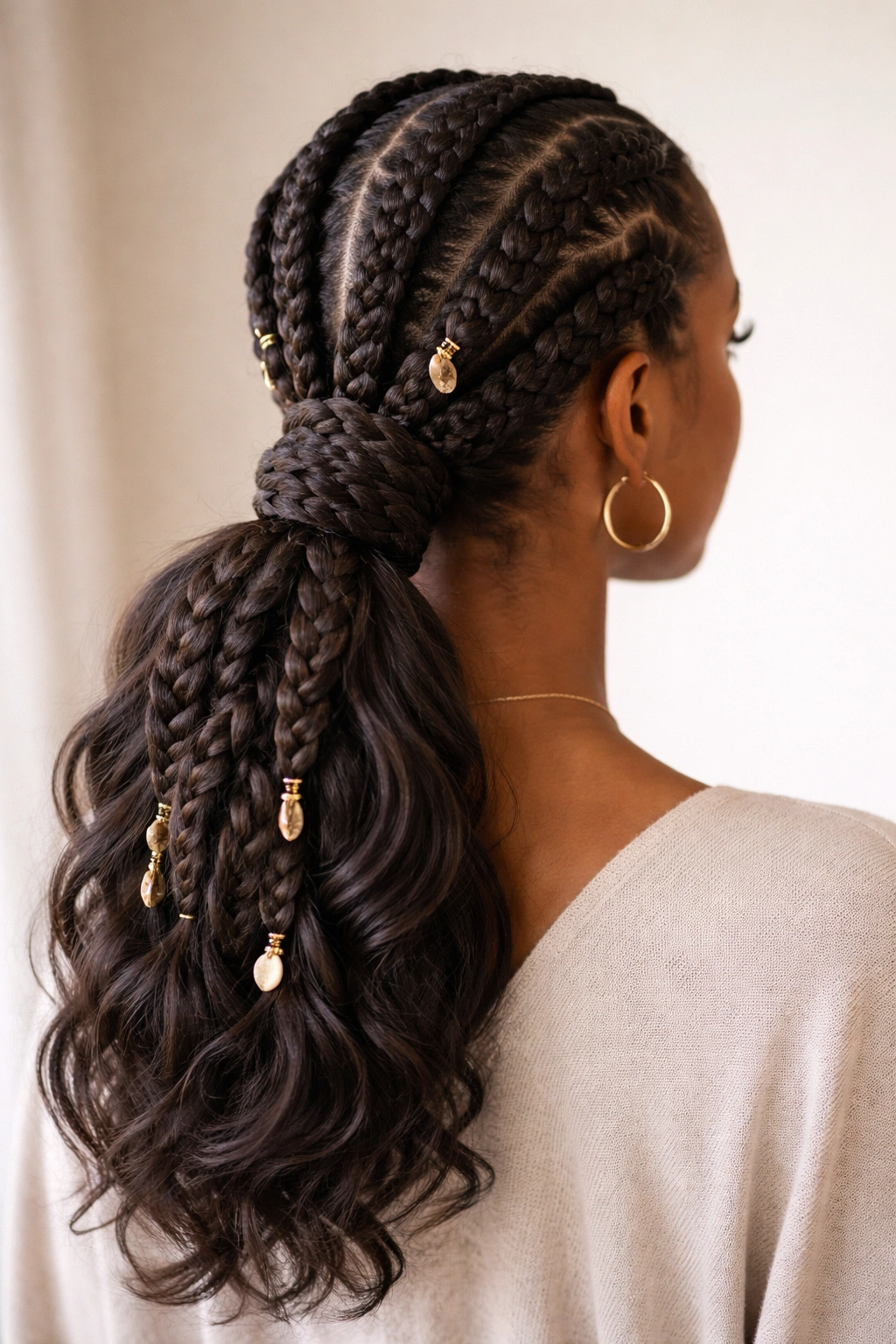 Two thick Fulani braids braided into a braided bun ponytail