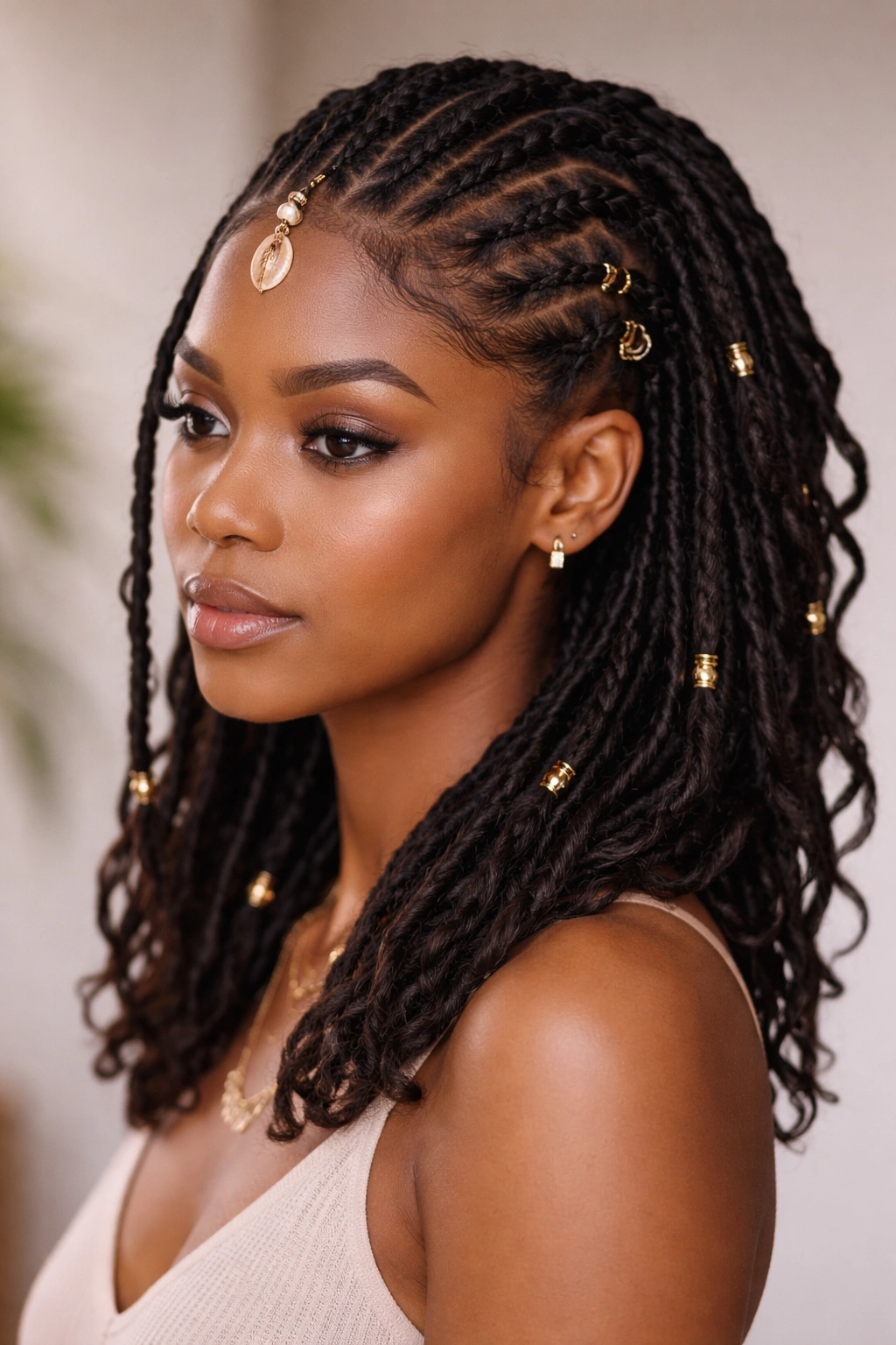 Close-up of a short natural hairstyle with Fulani braids transitioning into faux locs
