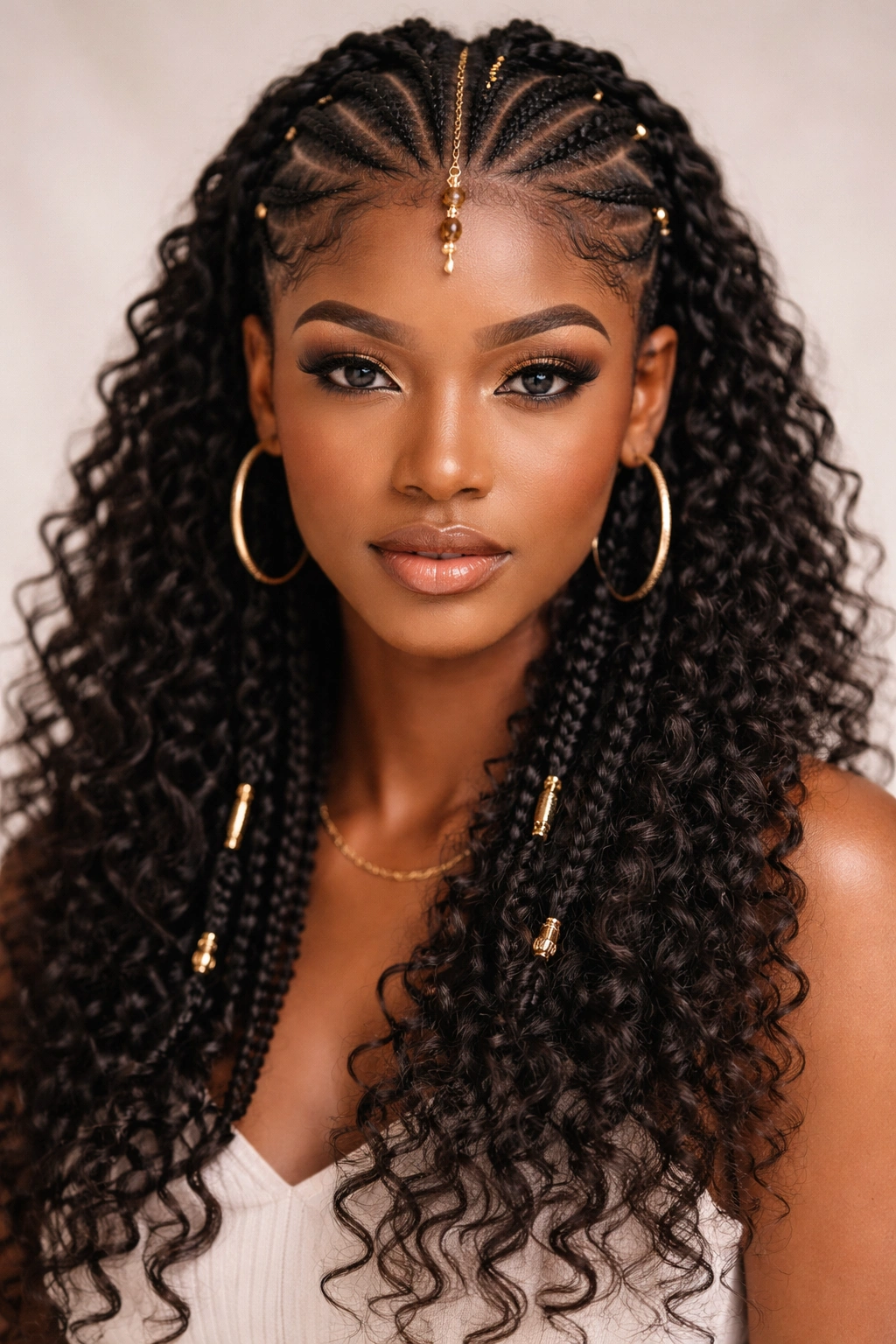 Fulani braids with feed-in curly extensions and leave-out curls