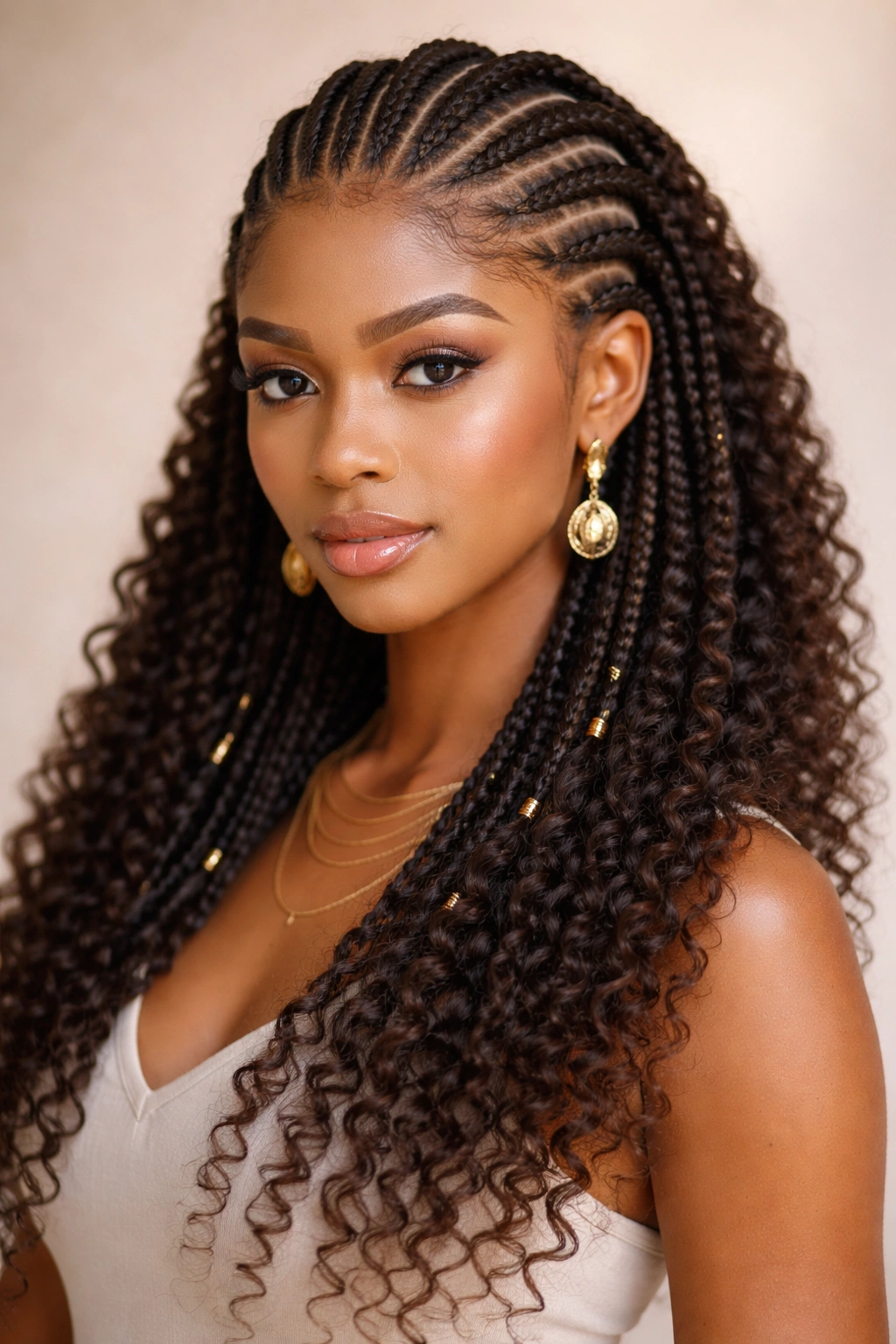 Feed-in Fulani braids with gradual thickness on curly hair