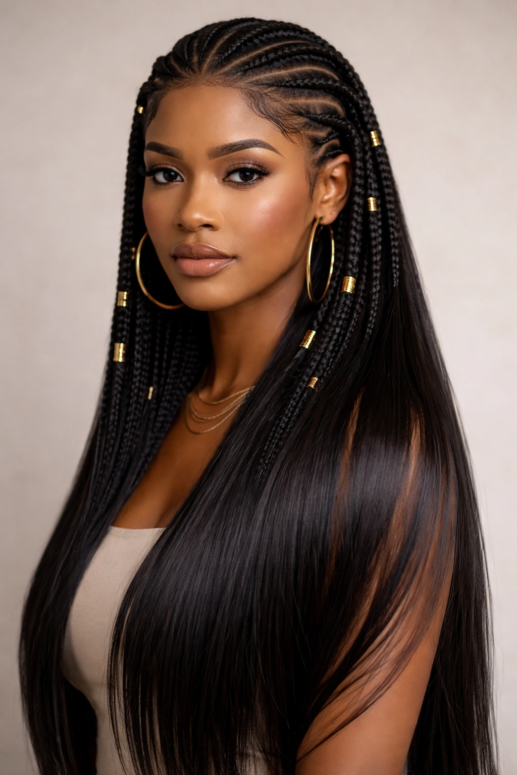 Close-up of feed-in Fulani braids with graduated length and seamless blend.