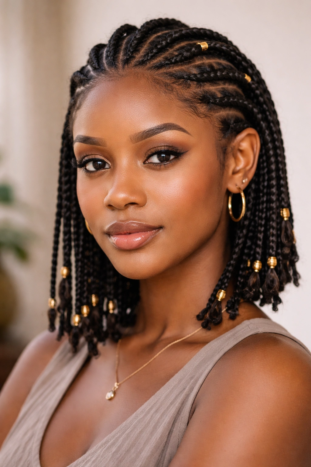 Calm, confident portrait of a person with a finished Fulani braid style on short hair