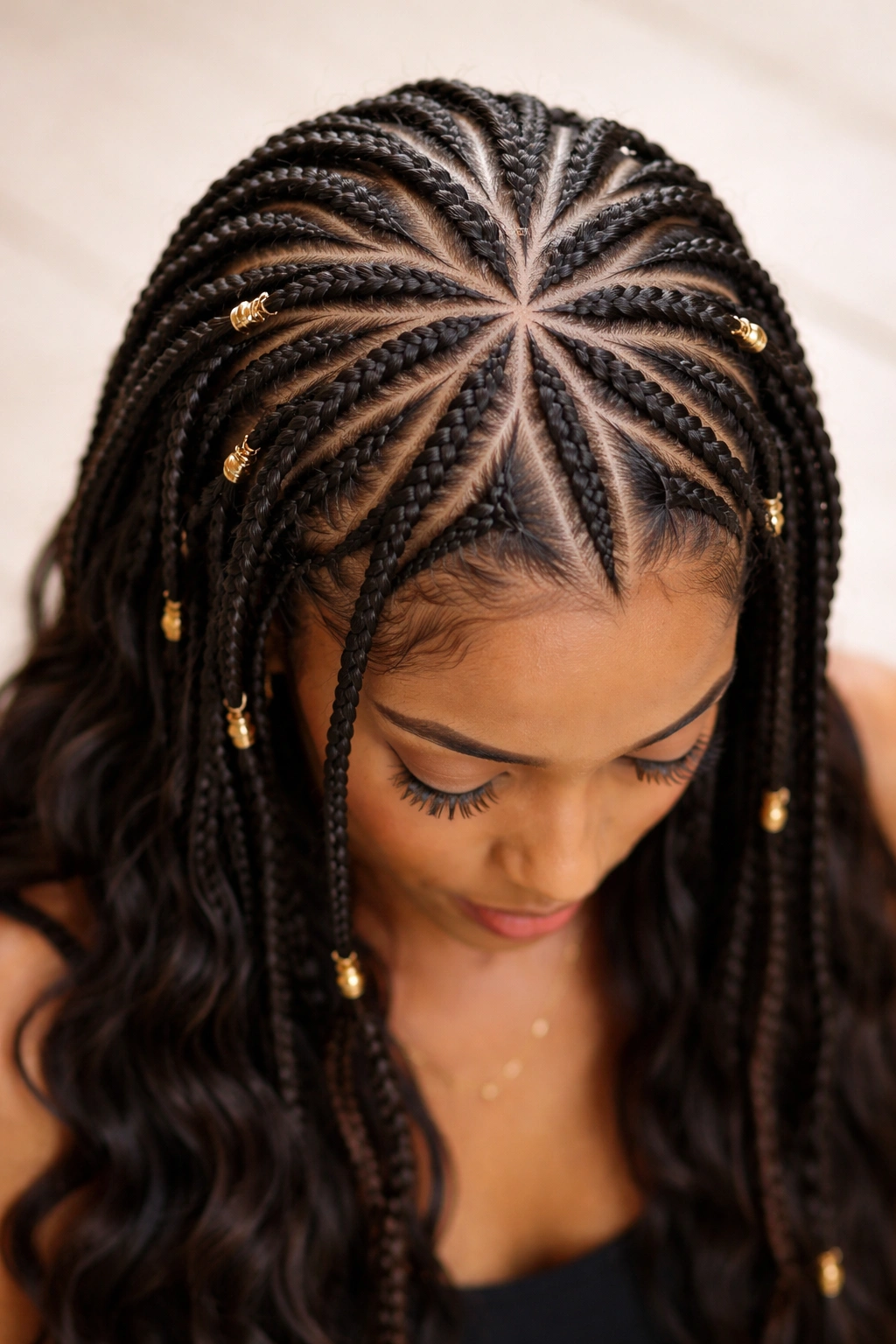 Fulani braids with starburst geometric parting patterns