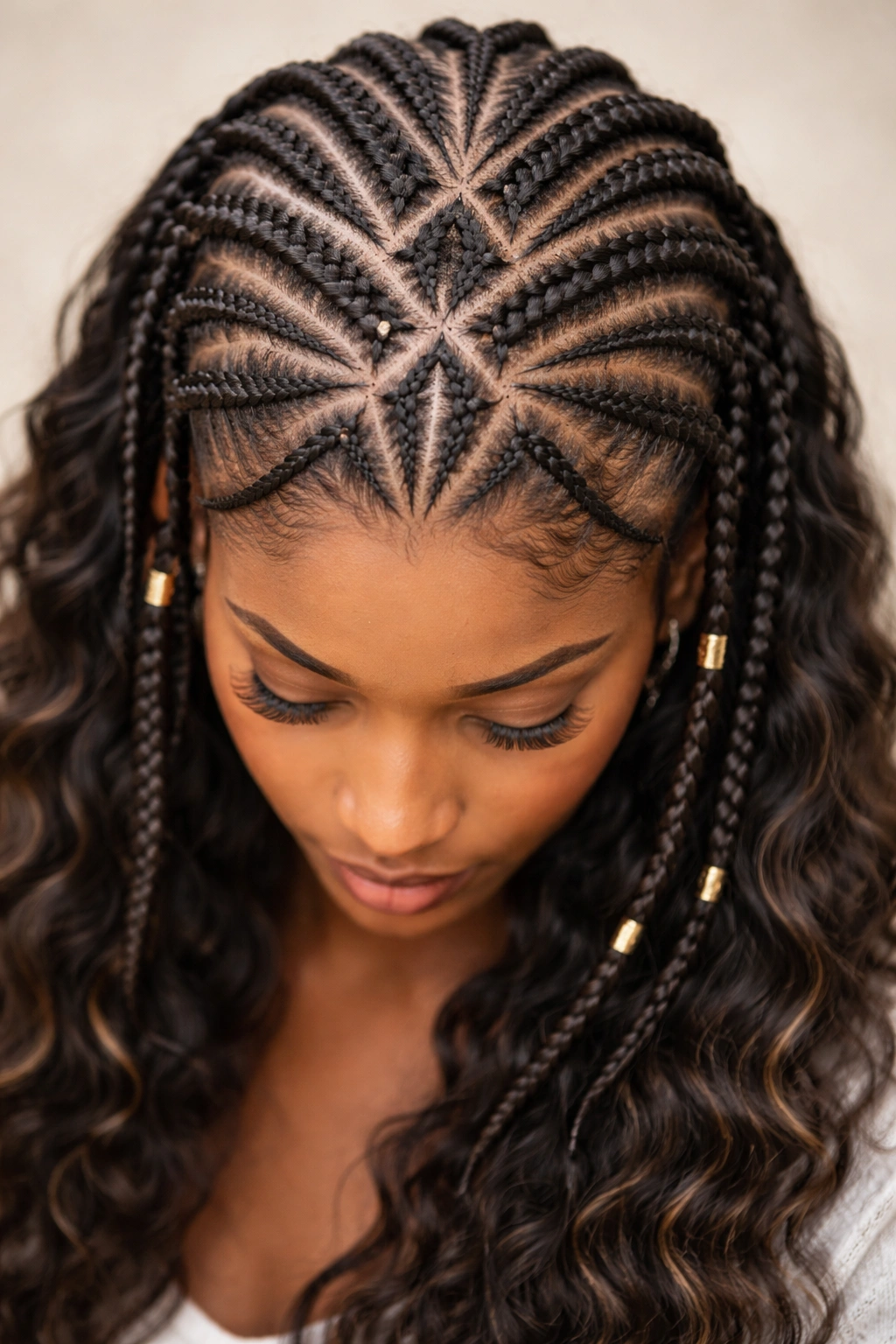 Fulani braids with geometric patterns and waves peeking through