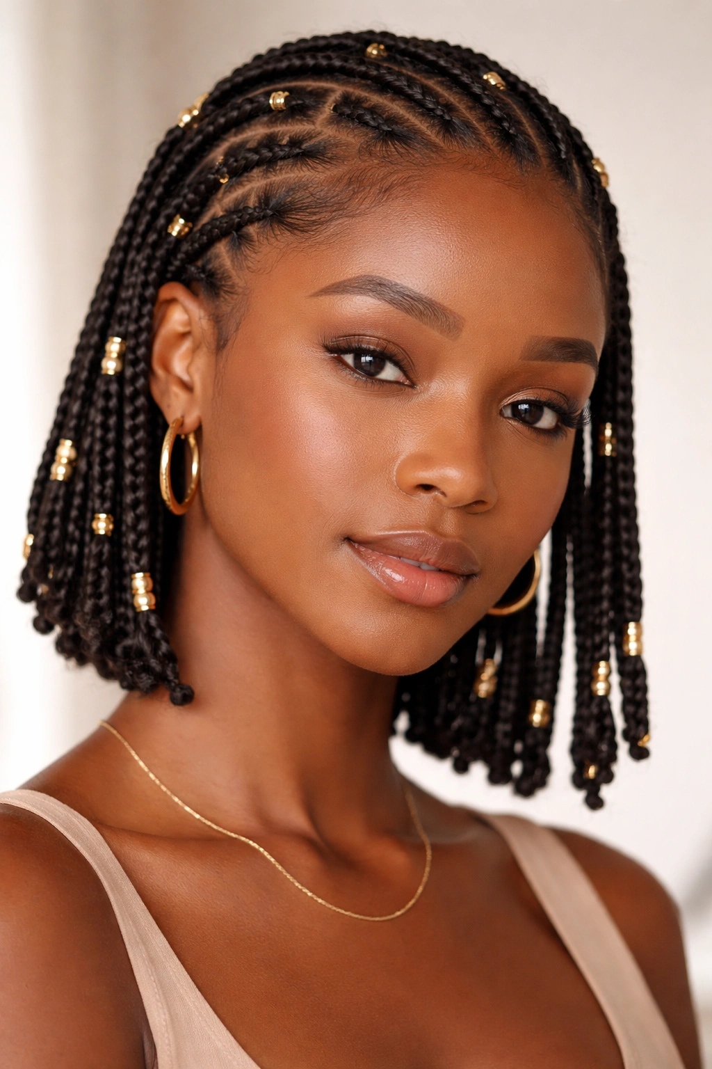 Close-up of short hair with gold-adorned Fulani braids and cuffs.