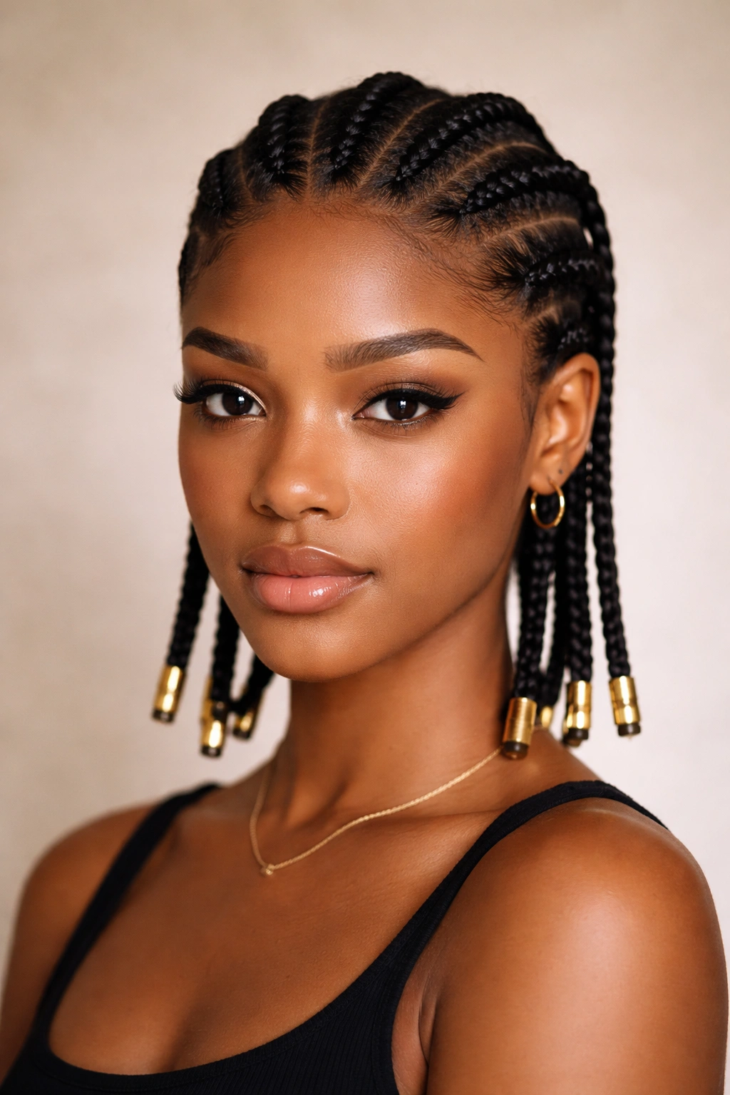 Close-up of classic Fulani braids with gold cuffs on short hair, center part