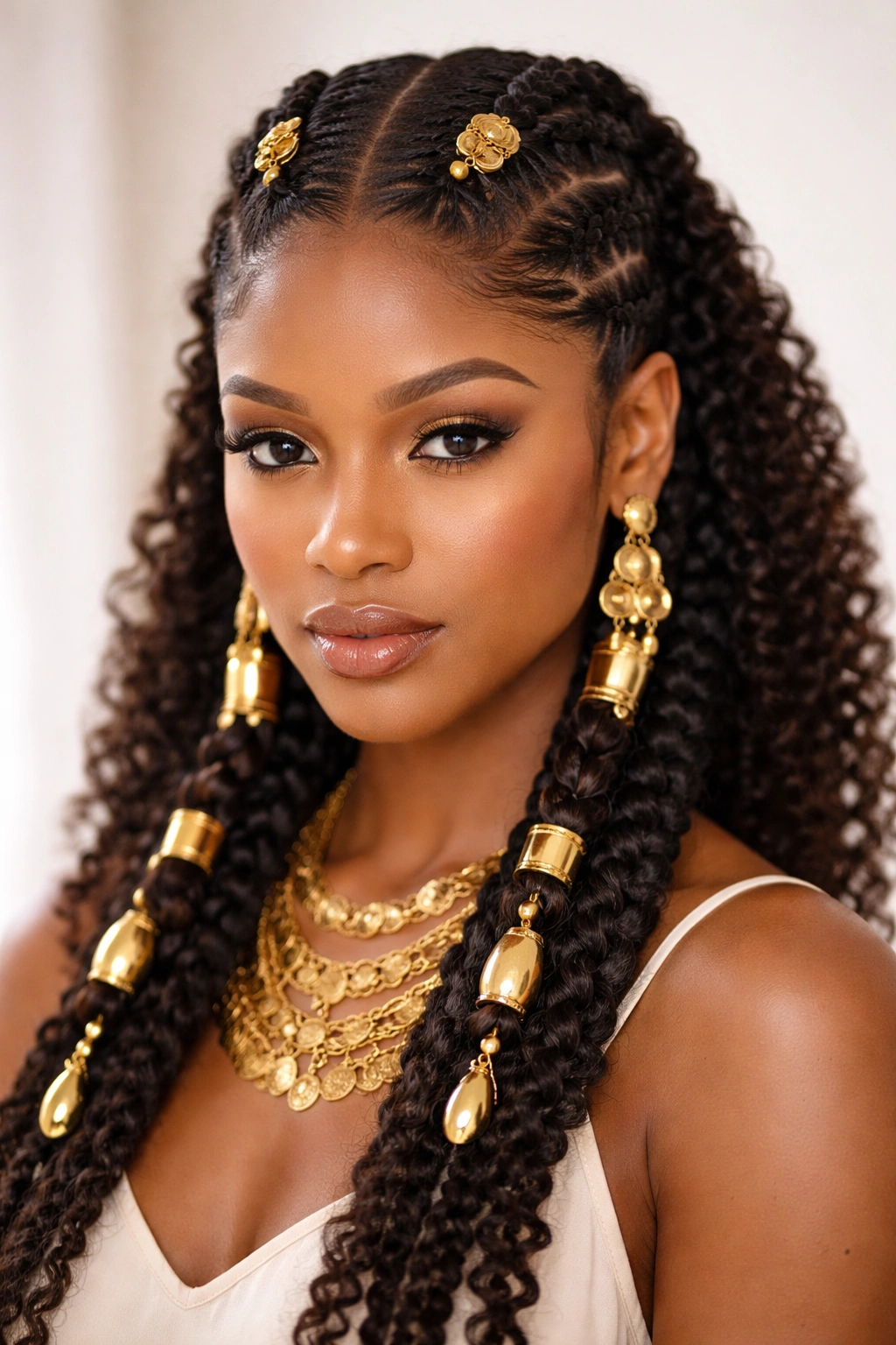 Close-up of two thick Fulani braids with gold cuffs on natural hair