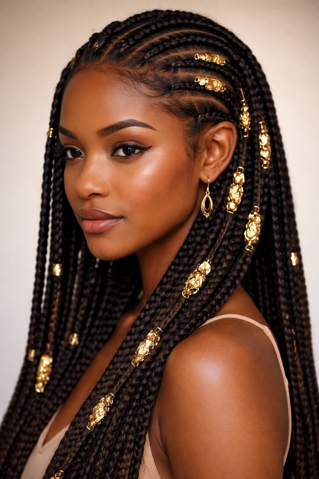 Close-up of Fulani braids with gold leaf accents shimmering on sections