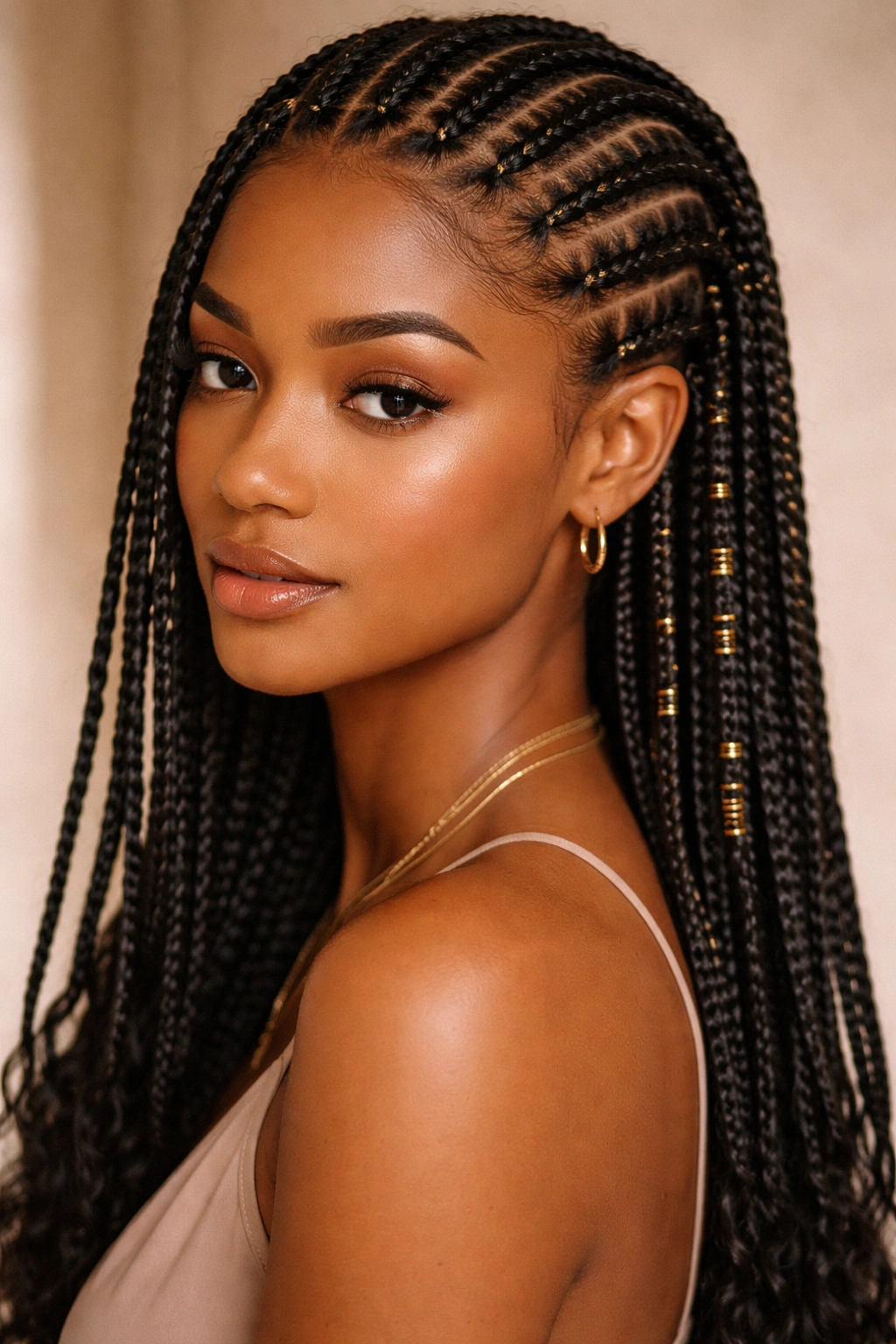 Close-up of classic thin Fulani braids with gold rings along the scalp