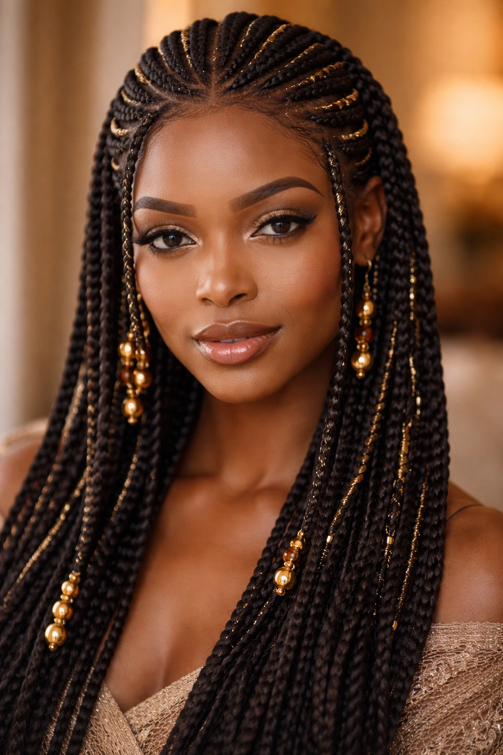 Close-up of Fulani braids with gold thread accents woven along the pattern.