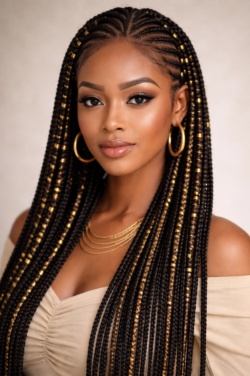 Close-up of classic crochet Fulani braids with gold wraps highlighting texture and metallic shine