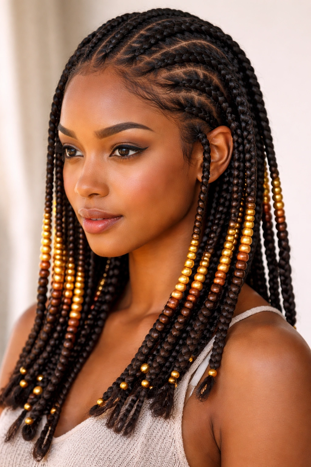 Close-up of Fulani braids with beads in a gradient from root to tip