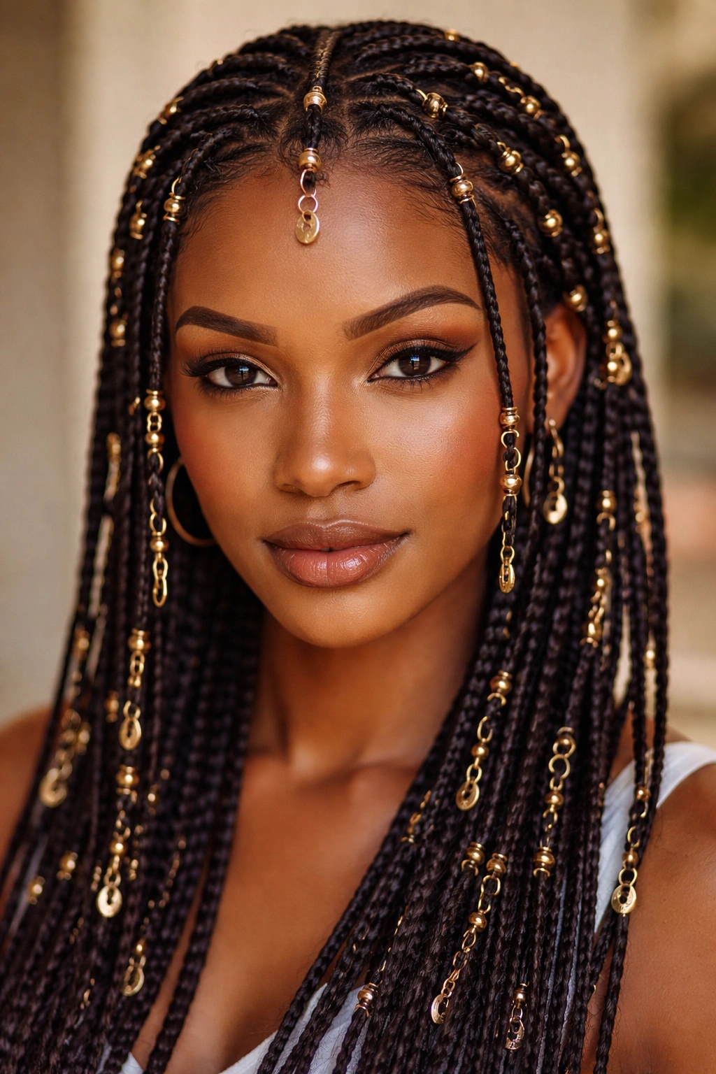 Fulani braids adorned with hair rings along the length
