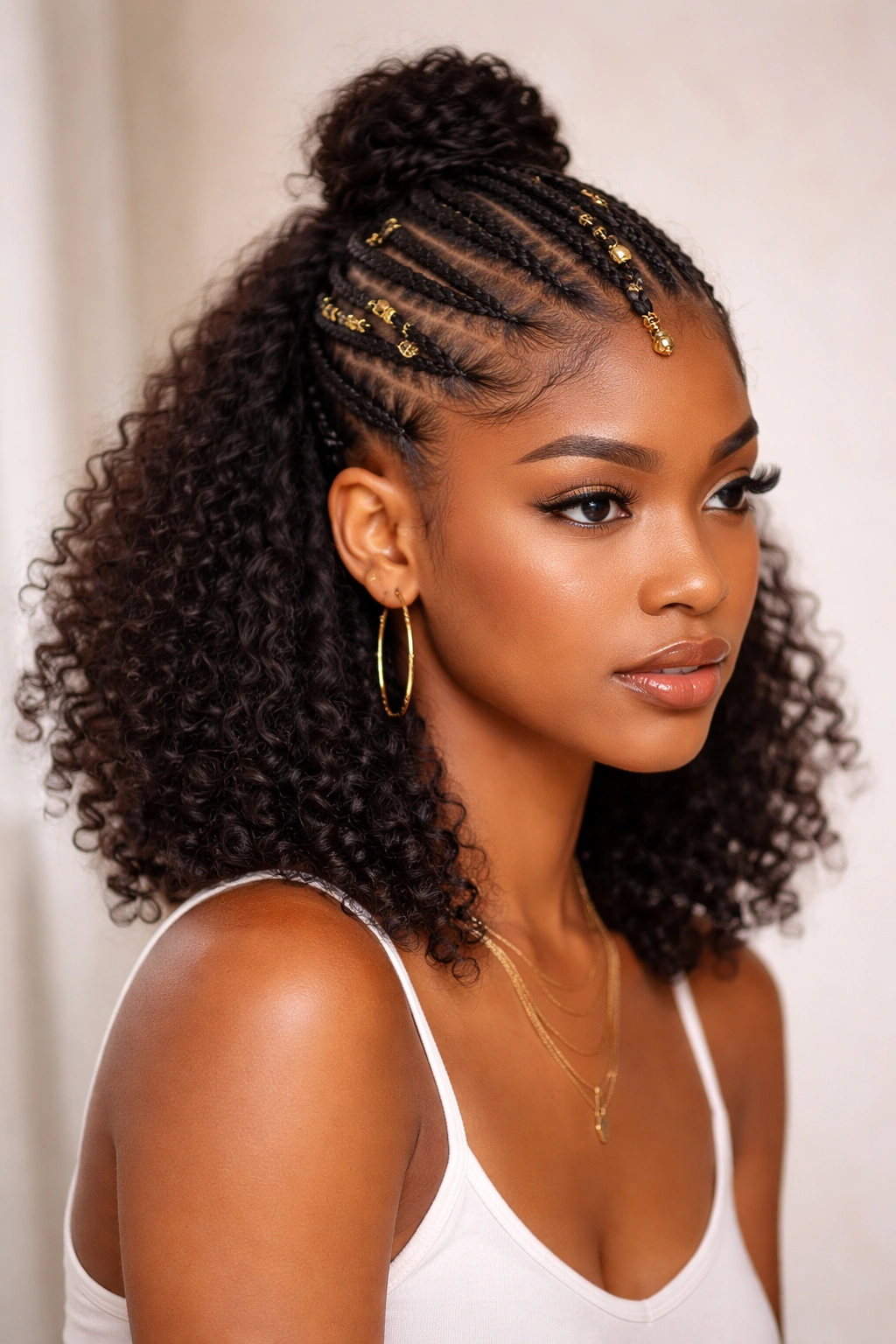 Half-up Fulani braids on short hair with braided crown and loose ends.