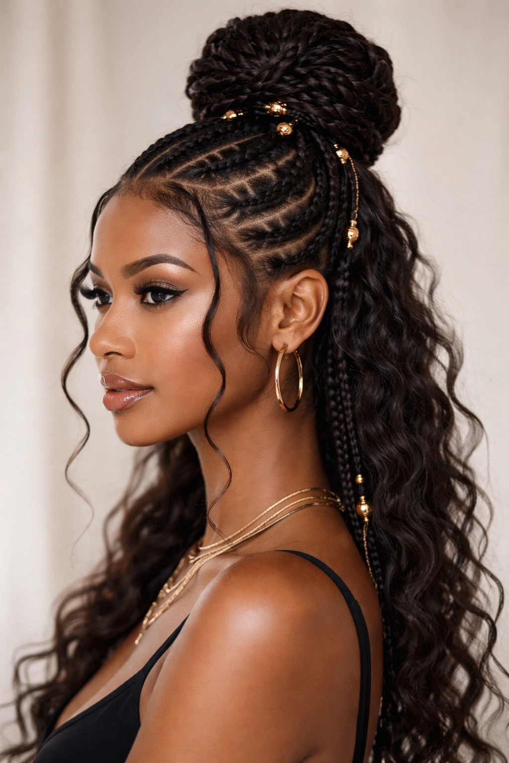 Head-and-shoulders shot of Fulani braids into a high bun with waves around the face