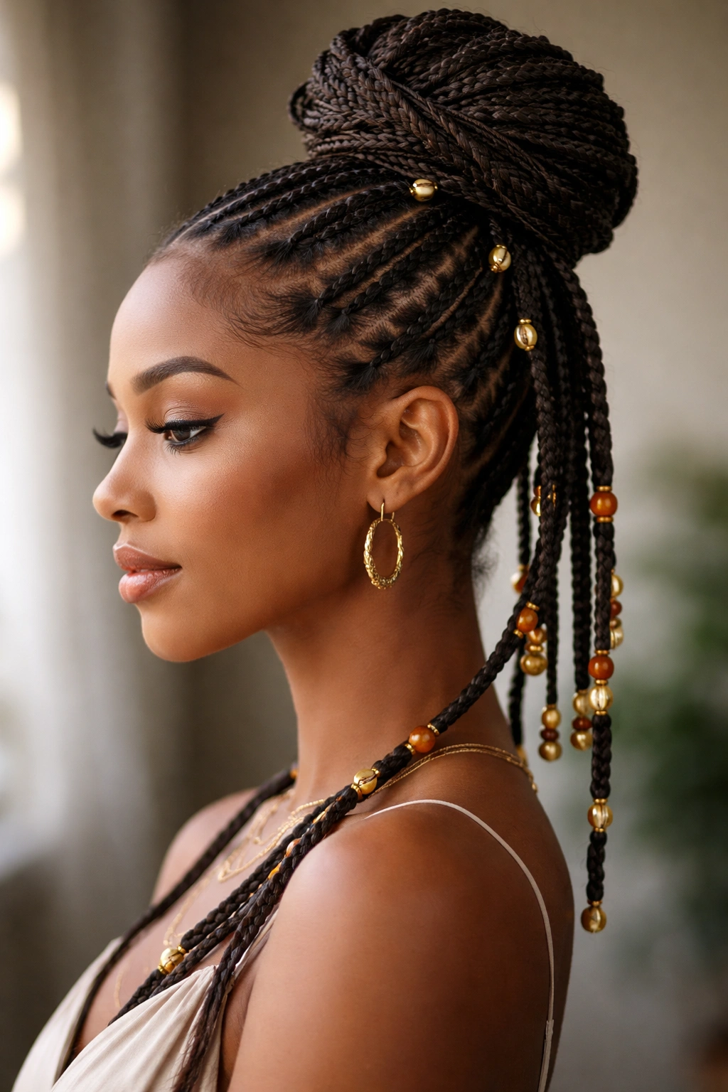 Fulani braids gathered into a high bun at the crown with subtle beads