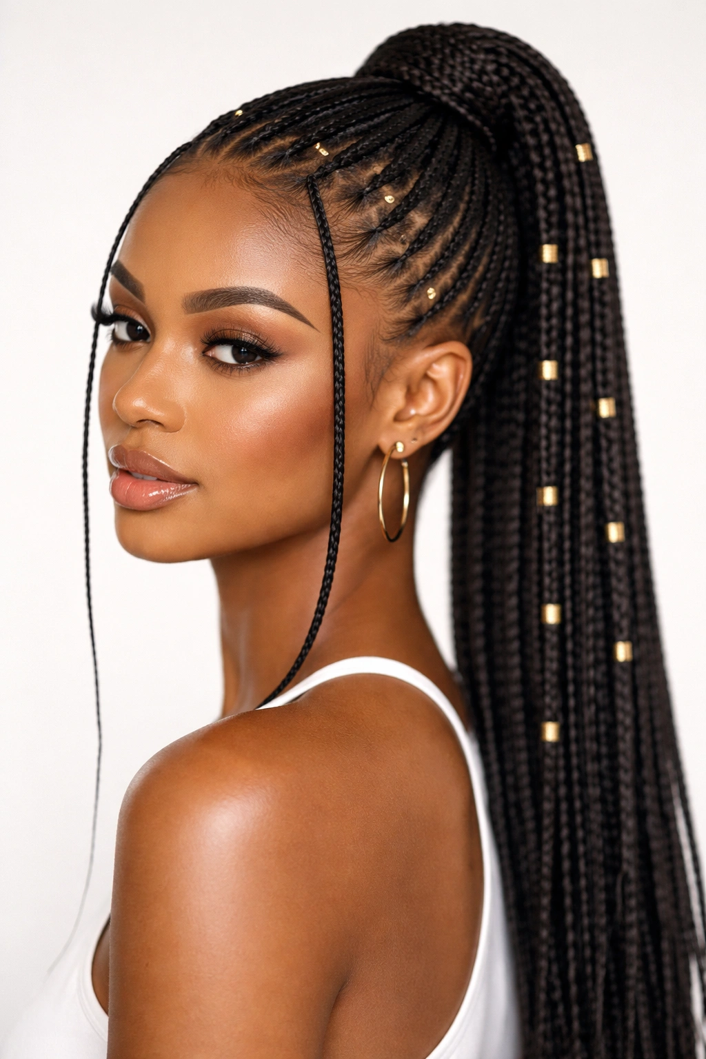 Close-up of classic Fulani braids in a high ponytail with gold cuffs