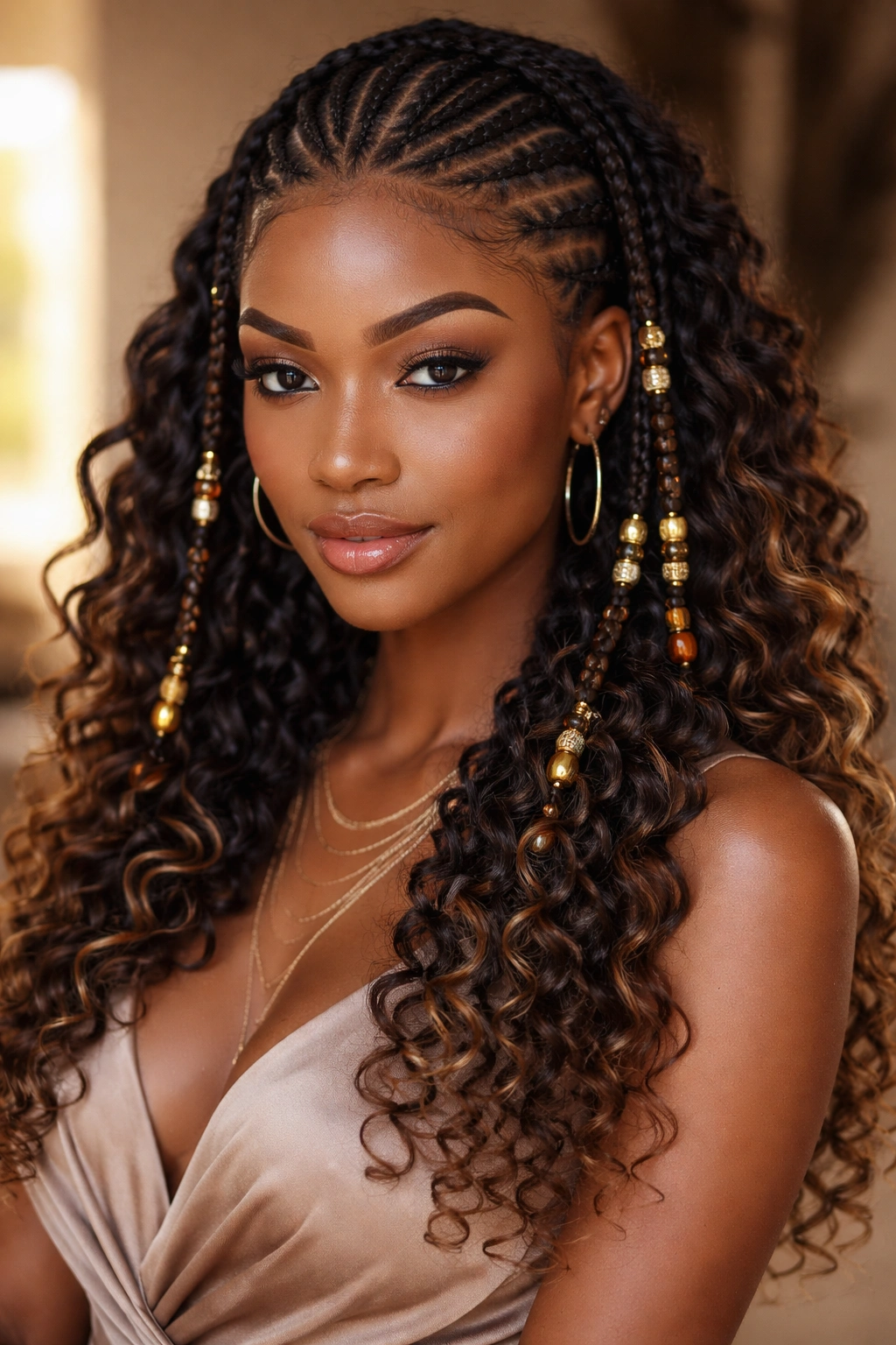 Portrait of Fulani braids with highlighted curls and beaded accents