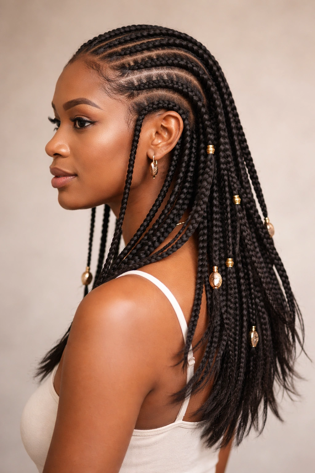 Layered Fulani braids on medium-length hair showing graduated lengths.