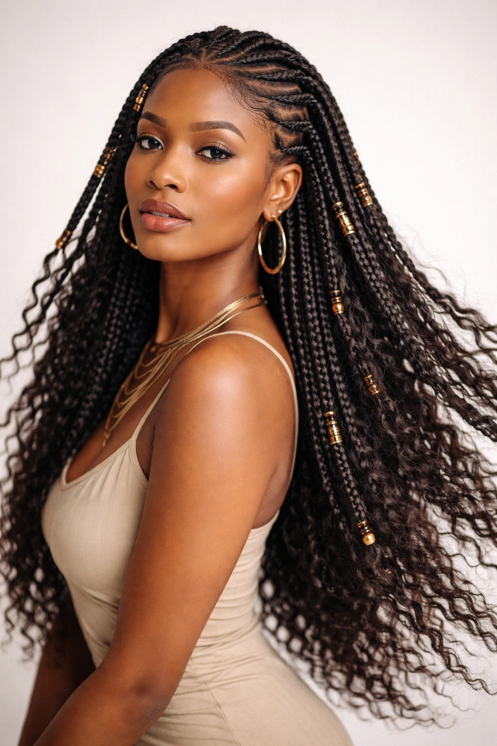 Long flowing Fulani braids cascading over shoulders