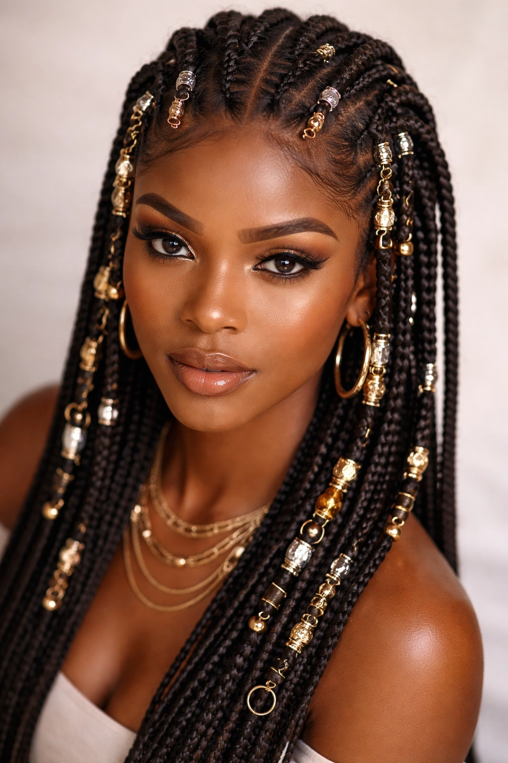 Close-up of Fulani braids with metallic cuffs and rings along the braids