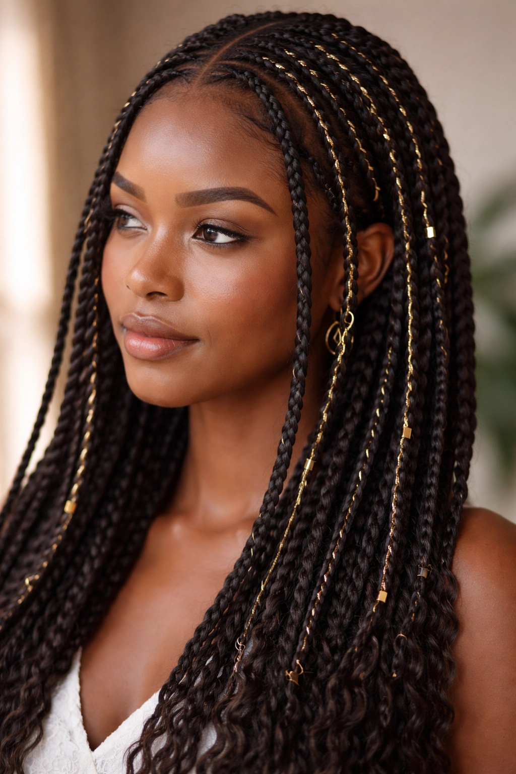 Fulani braids with metallic thread woven through strands along the head