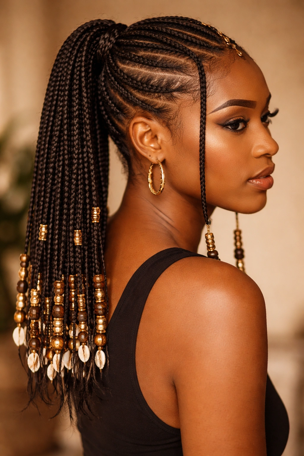 Fulani braids with beads at ends pulled into a mid-length ponytail