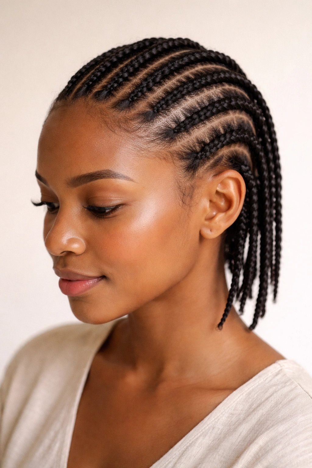 Minimal Fulani braids on short hair with clean parting.