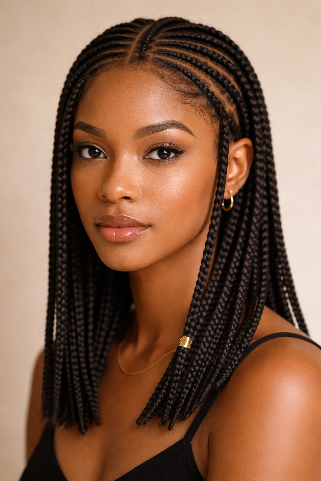 Close-up of minimal Fulani braids with clean lines and little ornamentation