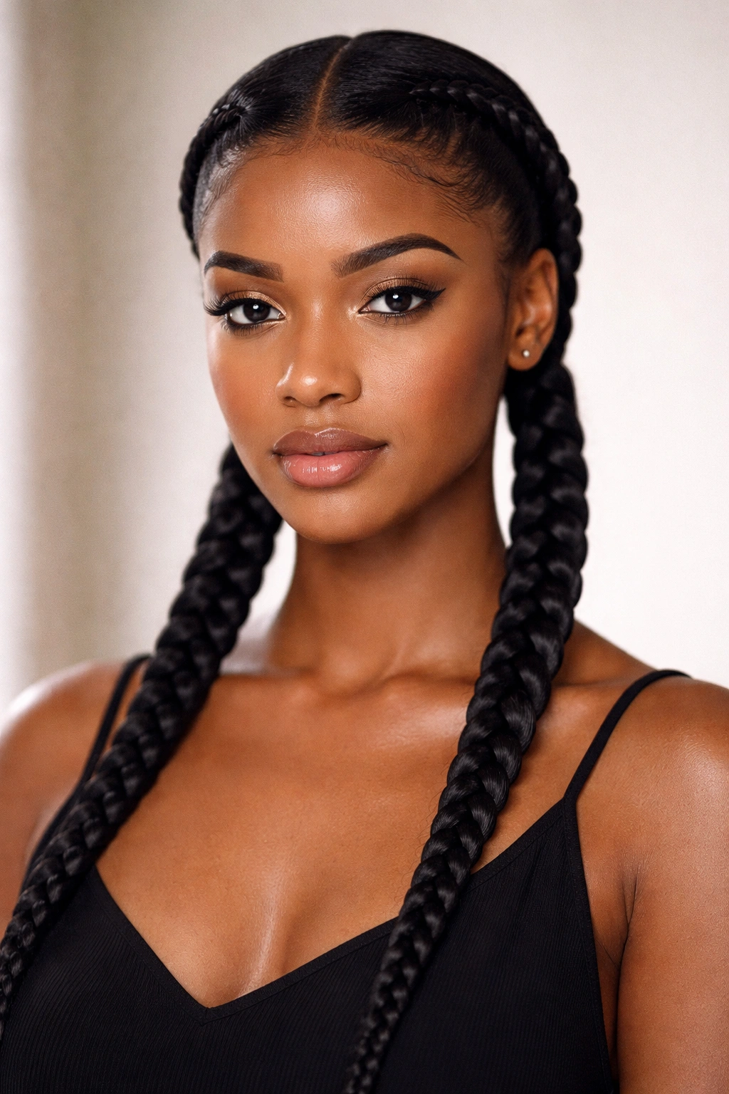 Close-up of two thick Fulani braids with a center part on natural hair, minimalist style
