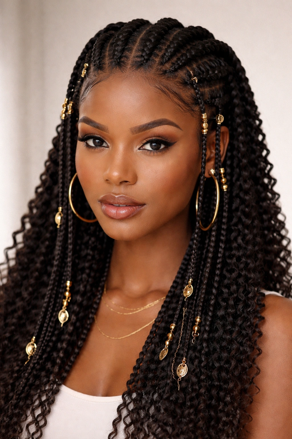 Front view of Fulani braids with mixed sizes showing thin around the edges and chunky at the crown
