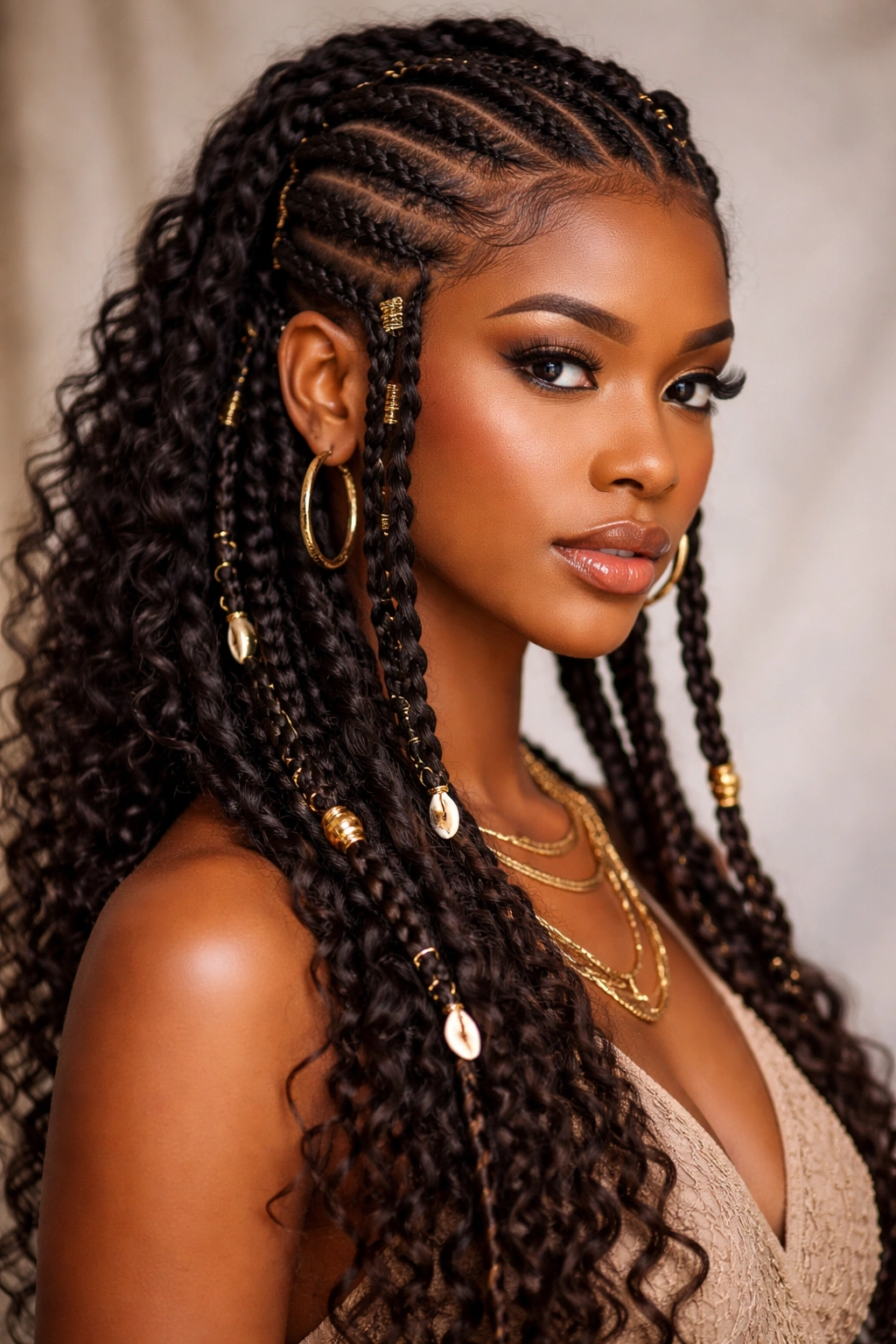 Fulani braids with mixed textures in a tribal-inspired style