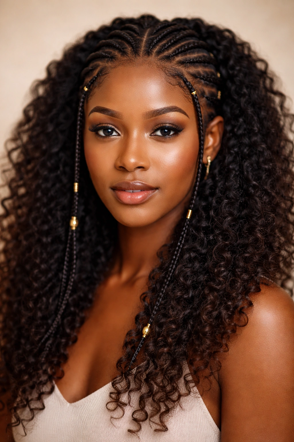 Close-up of Fulani braids blending with natural hair texture on a model's head.