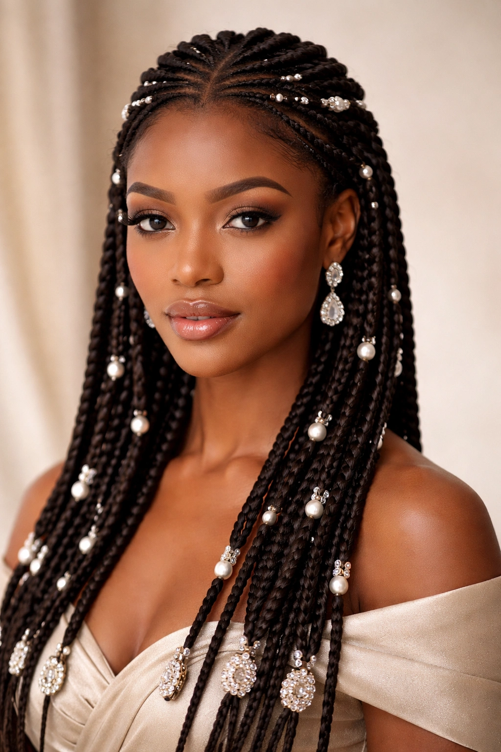 Fulani braids adorned with pearls and crystals for a refined look