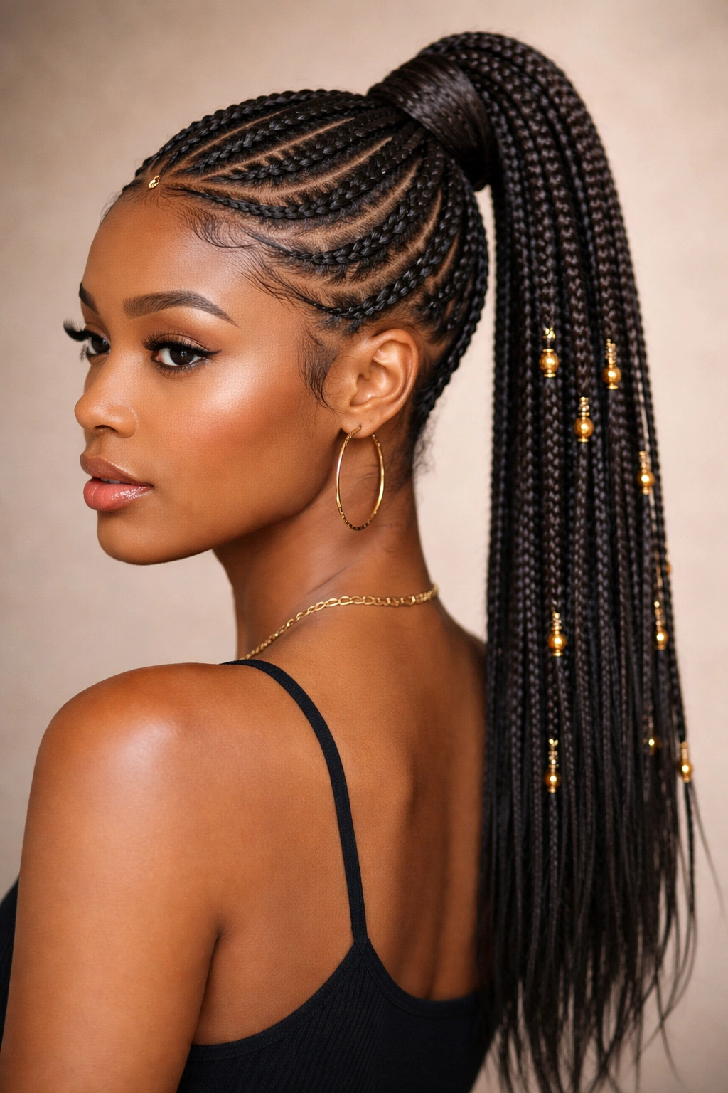 Beaded Fulani braids framing crown and flowing into a ponytail
