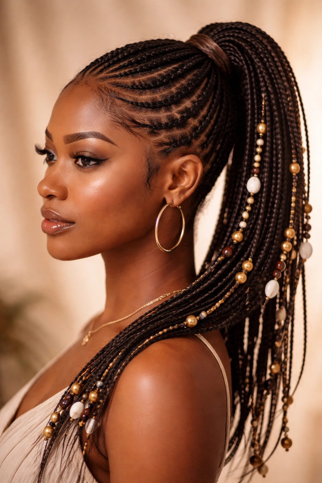 Thin Fulani braids with beads gathered into a ponytail