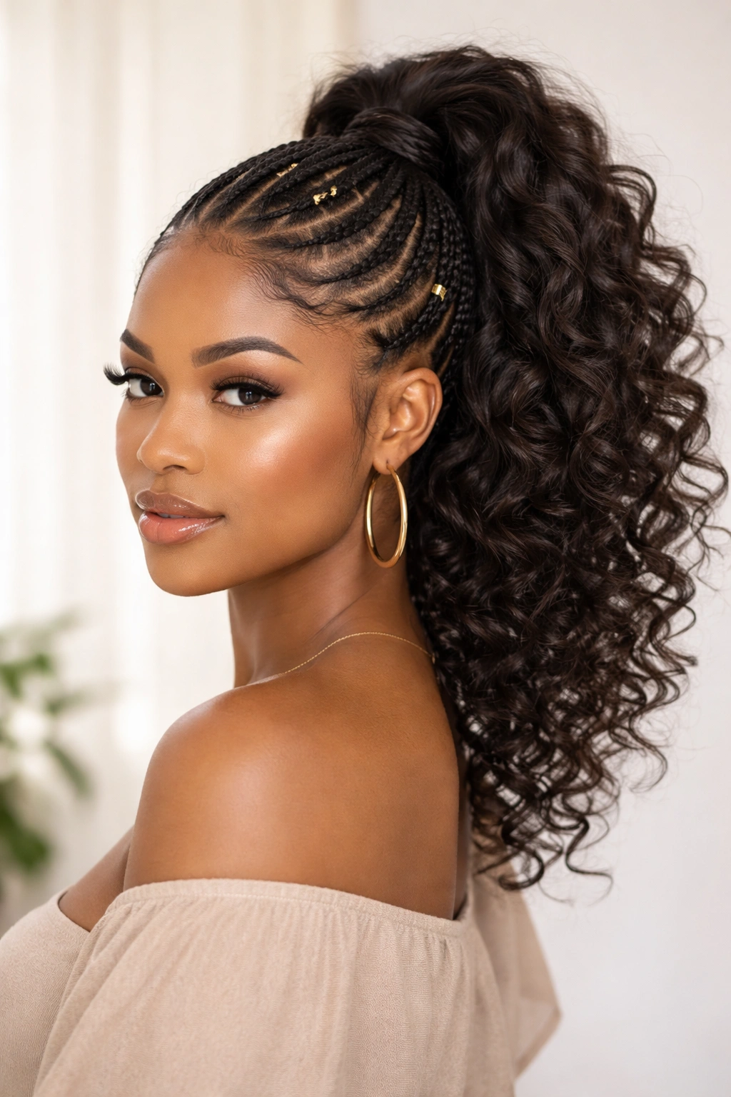 Front-facing view of Fulani braids forming a high ponytail with bouncy curls