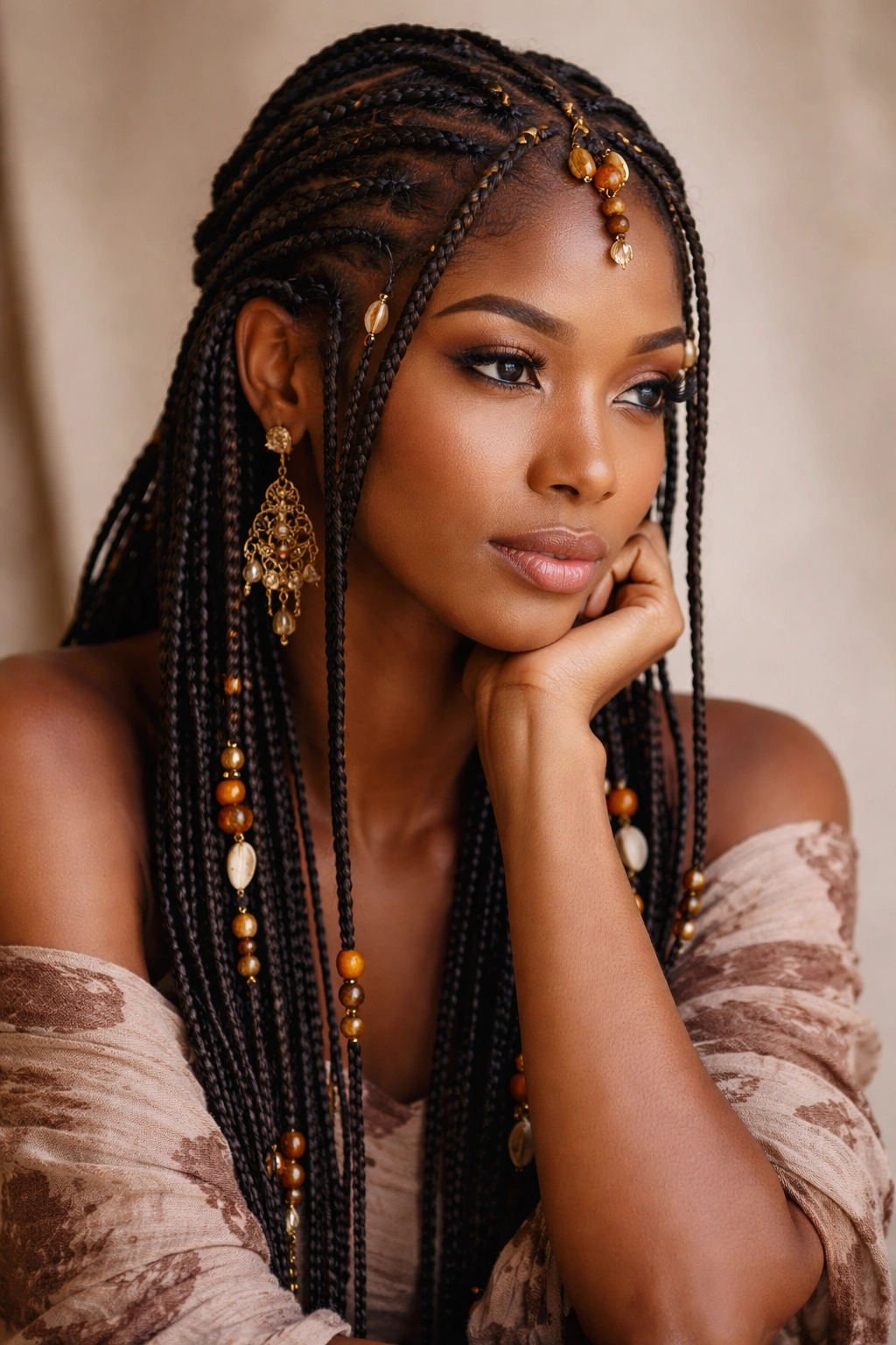 Portrait of a person with traditional Fulani braids in a contemplative pose against a neutral backdrop.