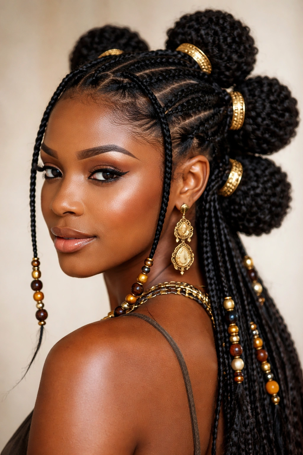 Close-up of Fulani braids styled into 3-5 sculpted puffs