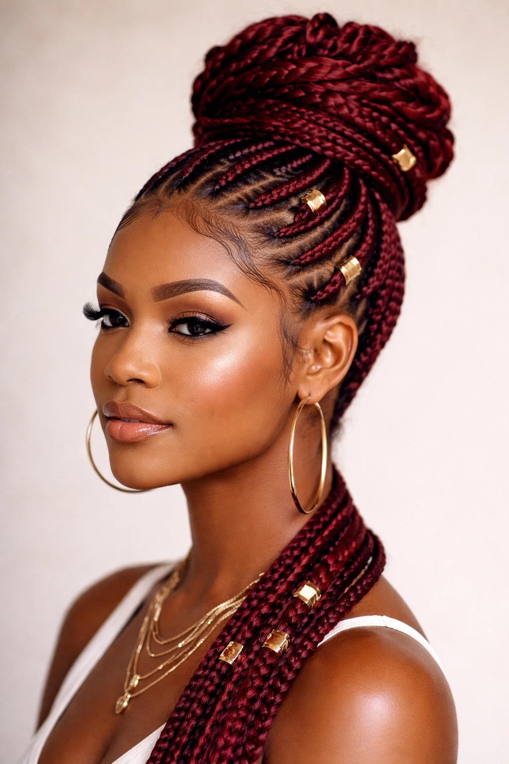 Close-up of a red Fulani-inspired high bun with gold cuffs on braided strands