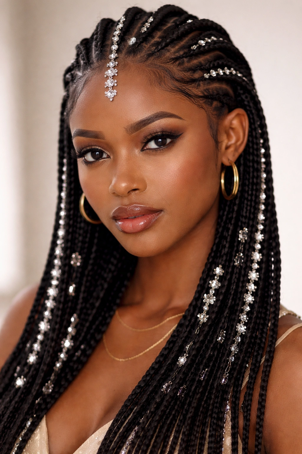 Fulani braids with rhinestone embellishments shimmering in light
